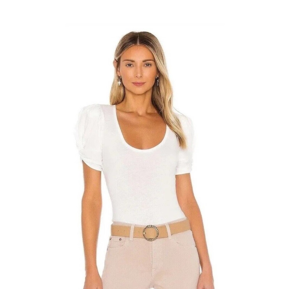 NEW Free People Small Ava Thong Bodysuit Puff Sleeve Slub Knit